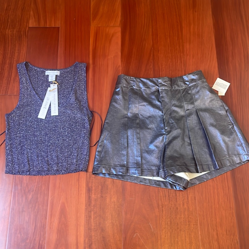 New HOUSE OF HARLOW 1960 Navy Blue Metallic  Crop Top Pleated Balloon Short Set
